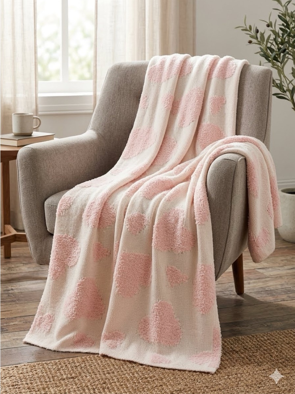 Style Sanctuary Cotton Knit Throw Blanket Pink Hearts Coquette Aesthetic
